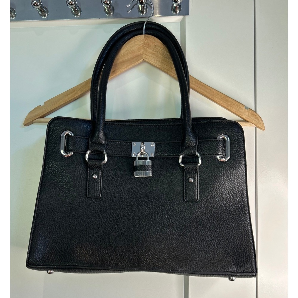 Black Pebbled Faux Leather Satchel Handbag Padlock Detail‎ Silver Hardware Tote